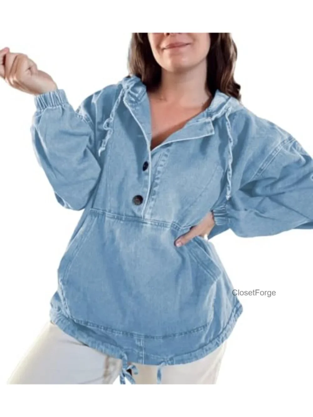 Lightweight Cotton Denim Hoodie Jacket Button Up Drawstring Pullover